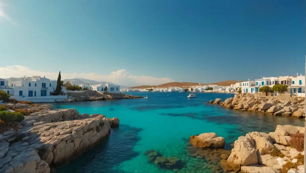 Tranquil Greek island coastline with clear Aegean water