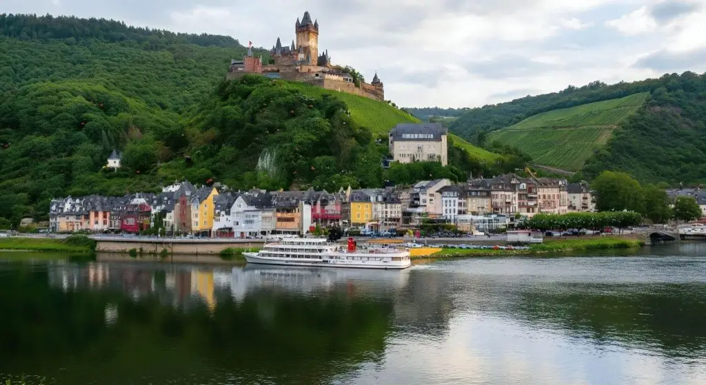 River cruise ship sailing past a historic European riverside town