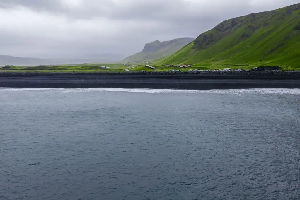 Iceland’s black sand shoreline with waves meeting the coast