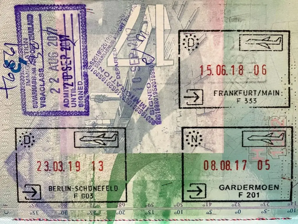 Passport pages with international travel stamps
