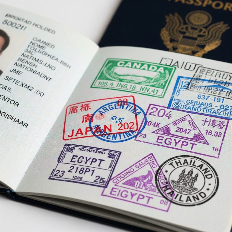 passport with international travel stamps